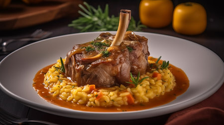Risotto with lamb ribs and vegetables on a white plate.の素材