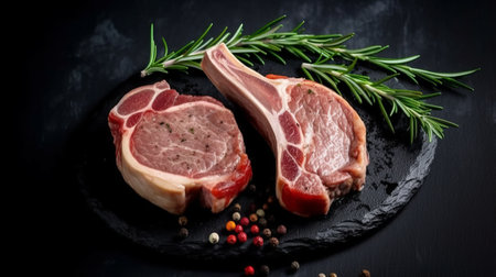 Raw pork chops with rosemary and peppercorns on black backgroundの素材