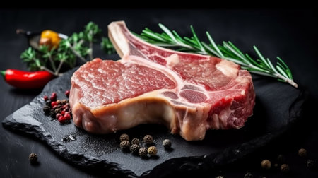 Raw T-bone steak with spices and herbs on a black background.の素材