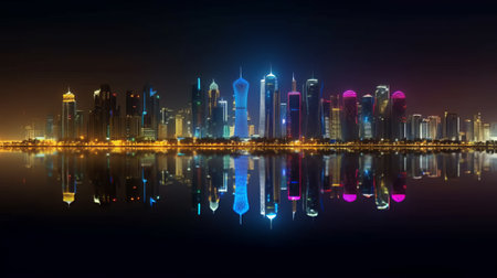 Shanghai skyline at night with reflection in water. Vector illustration.の素材