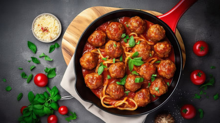 Meatballs in tomato sauce in a frying pan on a dark background.の素材