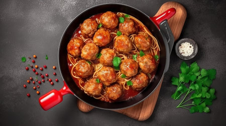 Spaghetti with meatballs and tomato sauce in a pan on a dark background.の素材