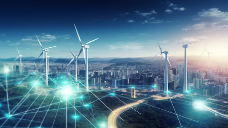 Modern cityscape with wind turbines and network interface. 3D renderingの素材