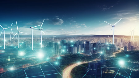 Modern cityscape with wind turbines and connection lines. 3D renderingの素材