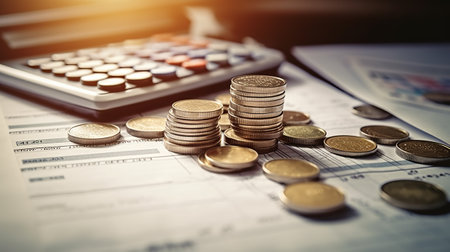 Coins and calculator on the table with financial report, business conceptの素材