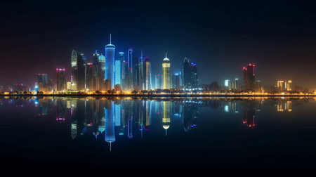 Panoramic view of Shanghai skyline at night with reflection in waterの素材