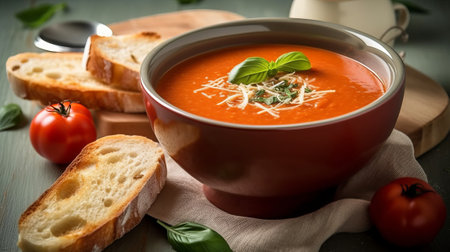Tomato soup with cream and basil in a bowl on the tableの素材