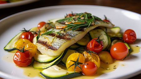 Grilled fish with zucchini, cherry tomatoes and rosemaryの素材
