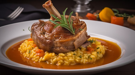 Risotto with lamb and vegetables on a wooden table. Toned.の素材