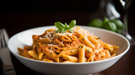 Penne pasta with tomato sauce, parmesan cheese and basilの素材