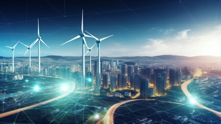 Modern cityscape with wind turbines and high-rise buildings. 3D renderingの素材