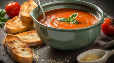 Tomato soup with croutons and basil on a black backgroundの素材