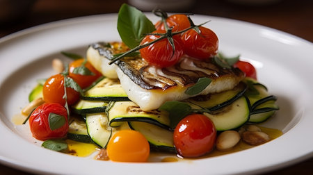 Grilled fish with zucchini and cherry tomatoes on a white plateの素材