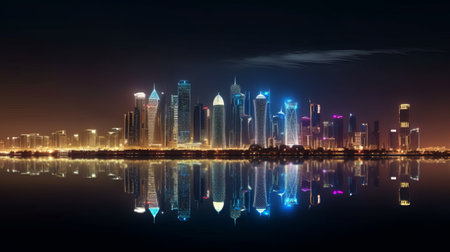 Dubai skyline at night, United Arab Emirates. 3D renderingの素材