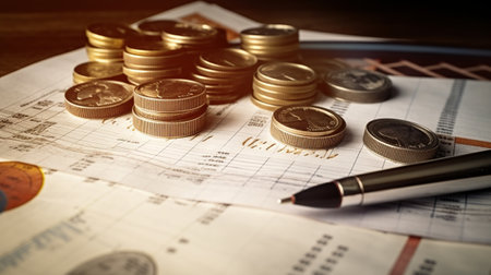 Coins and coins on the table with financial charts and graphs.の素材