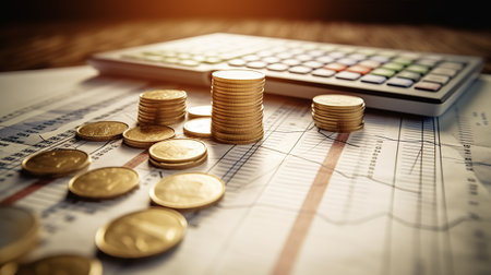 Coins on the background of financial charts and graphs, business conceptの素材
