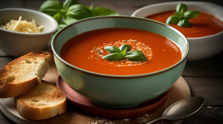 Tomato soup with basil and parmesan cheese on wooden backgroundの素材