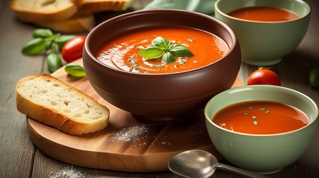 Tomato soup with basil, bread and spices on wooden background.の素材