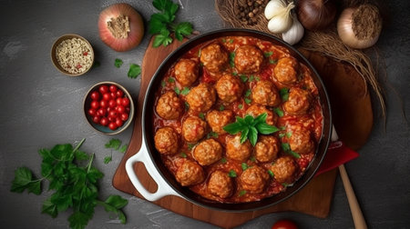Meatballs in tomato sauce in a pan on a dark background.の素材