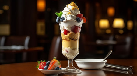 Tiramisu with fresh berries and whipped cream in a glassの素材