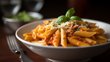 Penne pasta with tomato sauce, parmesan cheese and basilの素材