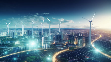 Modern cityscape with wind turbines and road. 3D rendering.の素材