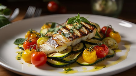 Grilled fish fillet with zucchini, cherry tomatoes and basilの素材