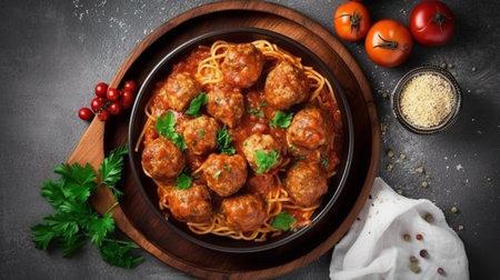 Spaghetti with meatballs and tomato sauce in a plate on a dark background.の素材