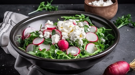 Healthy salad with radish, arugula and feta cheese in a bowl on a dark backgroundの素材