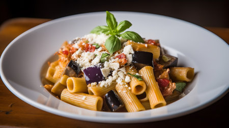 Penne pasta with eggplant, tomato and parmesan cheeseの素材