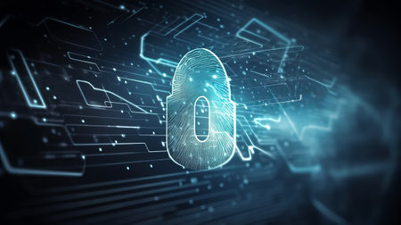 Digital lock icon on blue background. Security concept. 3D Renderingの素材