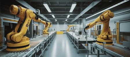 3d rendering robotic arms working on assembly line in factory or factoryの素材