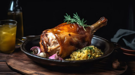 Baked turkey leg with rice and vegetables on a wooden background.の素材