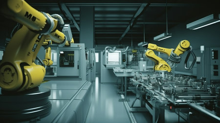 3d rendering robotic arms working in factory. Automation industry conceptの素材