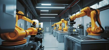 Smart industry robot arms for digital factory production technology showing automation manufacturing process of the Industry 4.0 or 4th industrial revolution and IOT software to control operation.の素材