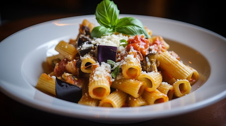 Rigatoni pasta with eggplant, tomato sauce and parmesan cheeseの素材