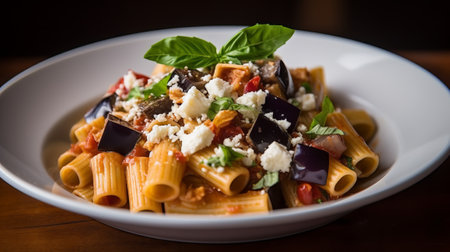 Penne pasta with eggplant, tomato, feta cheese and basilの素材