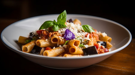 Pasta with tomato sauce, parmesan cheese and basil leavesの素材