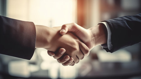 Close up of two business people shaking hands in office. Handshake conceptの素材