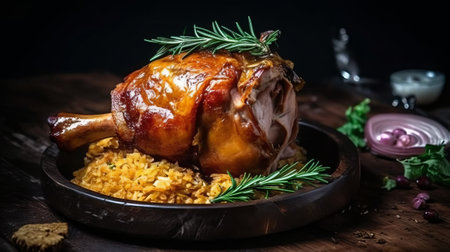 roasted turkey with rice and herbs on a wooden table, rustic styleの素材