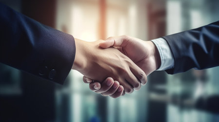 Close up of business people shaking hands in office. Business concept.の素材