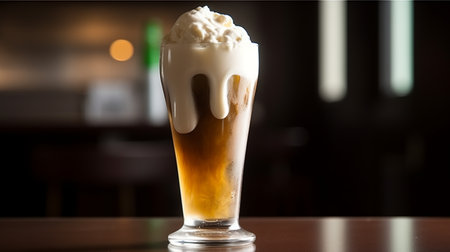 Ice coffee with whipped cream in a tall glass on a bar counterの素材