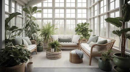 Interior of modern living room with plants in pots. 3D renderingの素材