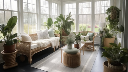 Interior of modern living room with wicker furniture and green plantsの素材