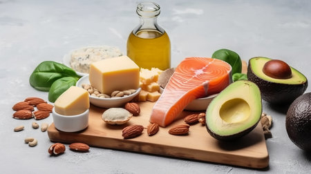 Healthy food clean eating selection: cheese, salmon, avocado, nuts, olive oilの素材
