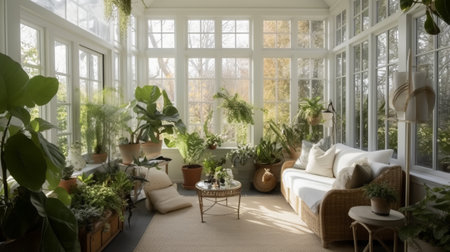 Interior of modern living room with plants and furniture, panoramaの素材