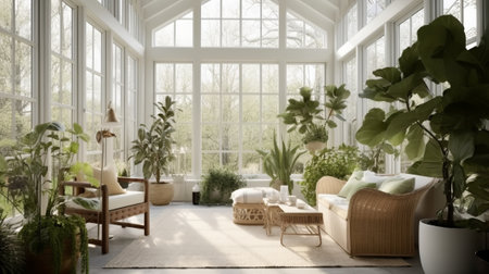3d render of interior living room with big window and plants.の素材
