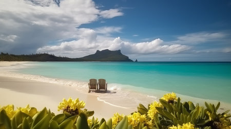 Tropical beach with sun loungers and yellow flowers.の素材