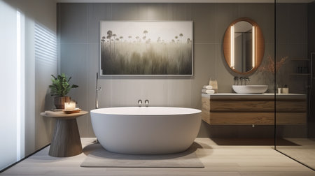 Modern bathroom interior with white bathtub. 3d render illustration.の素材