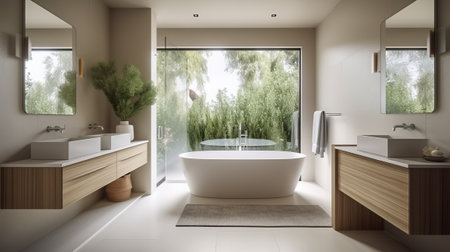 Bathroom interior design with white bathtub, panoramic window. 3d renderの素材